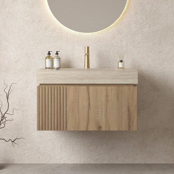 30 in. Single Sink Floating White Oak Bath Vanity with Beige Sintered Stone Top