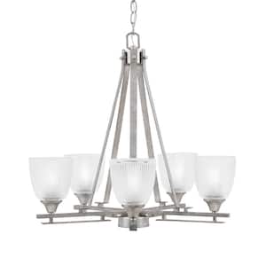 Ontario 22.25 in. 5-Light Aged Silver Geometric Chandelier for Dinning Room with Clear Ribbed Shades No Bulbs Included
