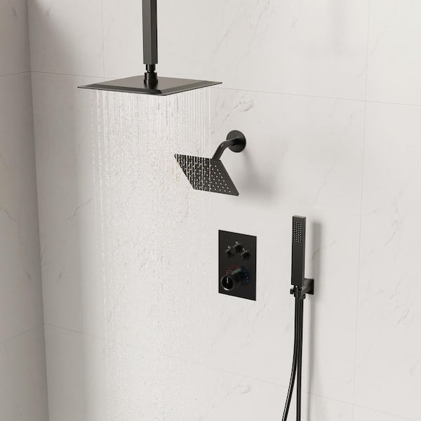 5-knobs 15-Spray Patterns 16in. Shower System with 6in. Shower Head Handheld shower in Matte Black, 3-Jets