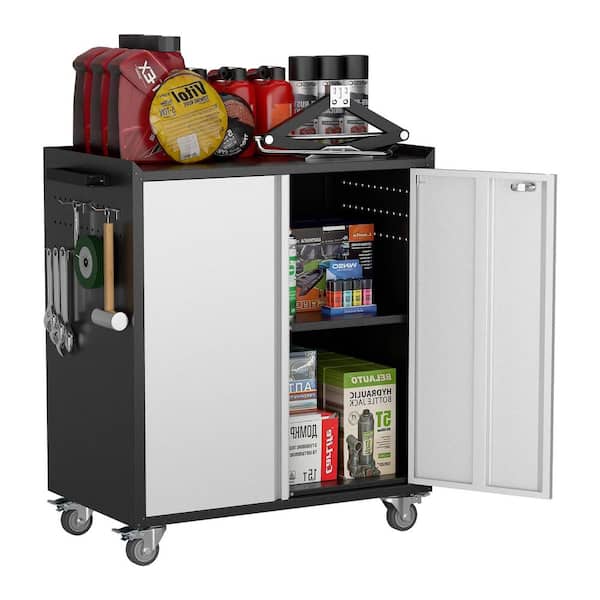 30.31 W x 35.33 in. H x 18.11 in. D Metal Rolling Tool Storage Cabinet, 2 Door Freestanding Cabinets in Black and Grey