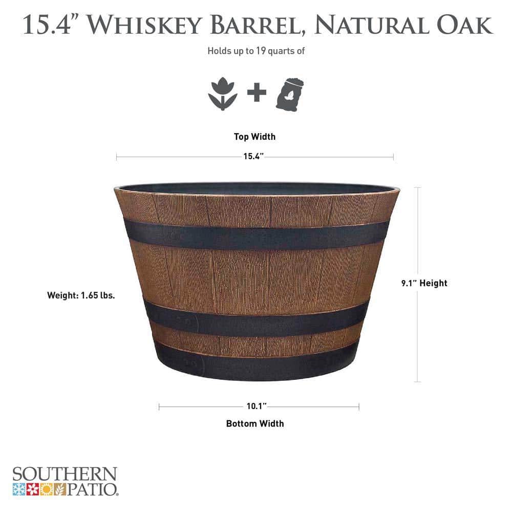 Natural Oak Resin Whiskey Barrel Outdoor Planter with Drainage Hole