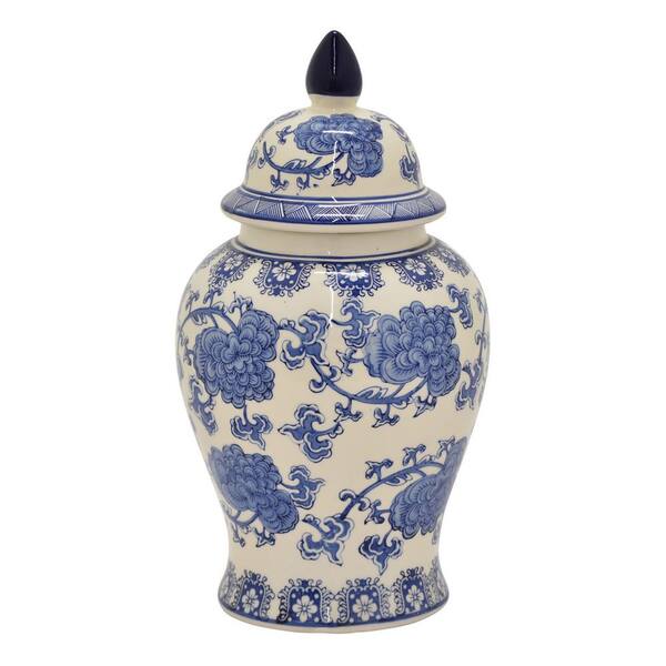 THREE HANDS Blue and White Porcelain Jar with Lid - 18" H