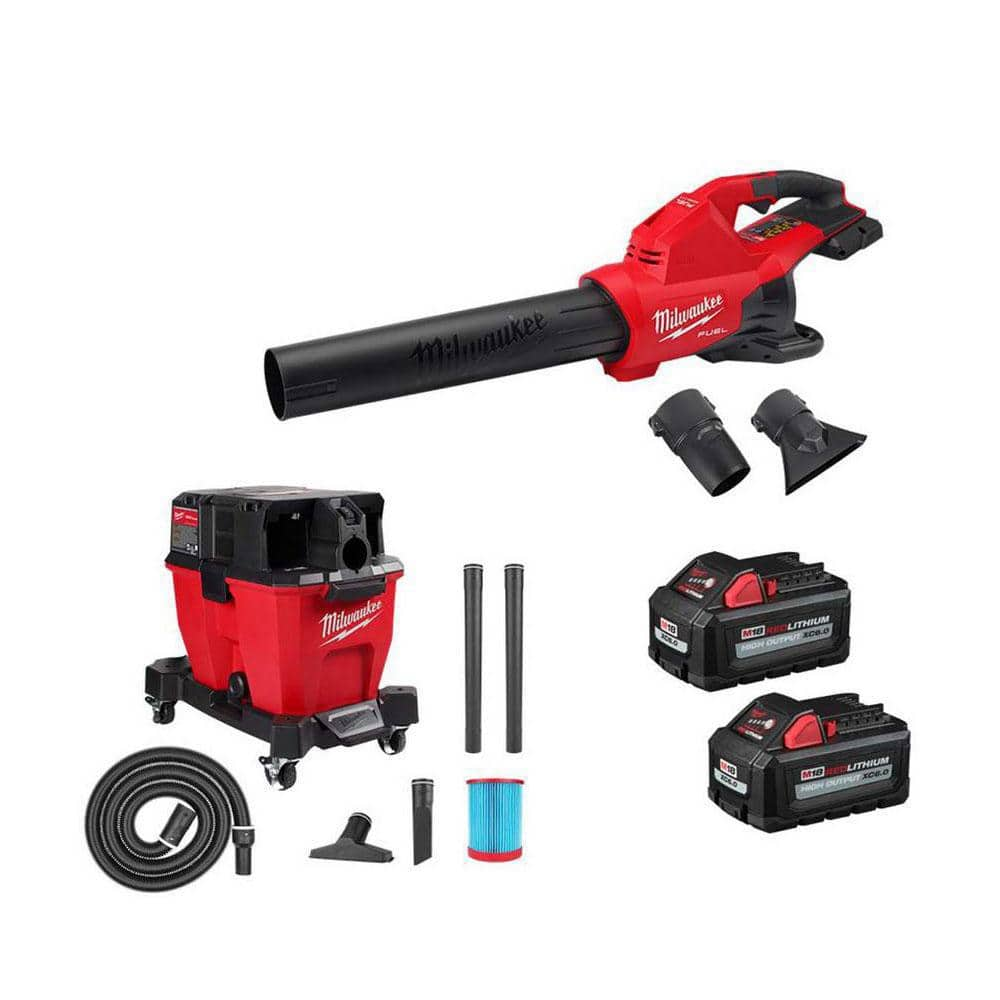 M18 FUEL Dual Battery 145 MPH 600 CFM 18V Cordless Blower w/9 Gal. Cordless Wet/Dry Shop Vacuum, (2) 6.0 Ah Batteries -  Milwaukee, 2824-20-0920