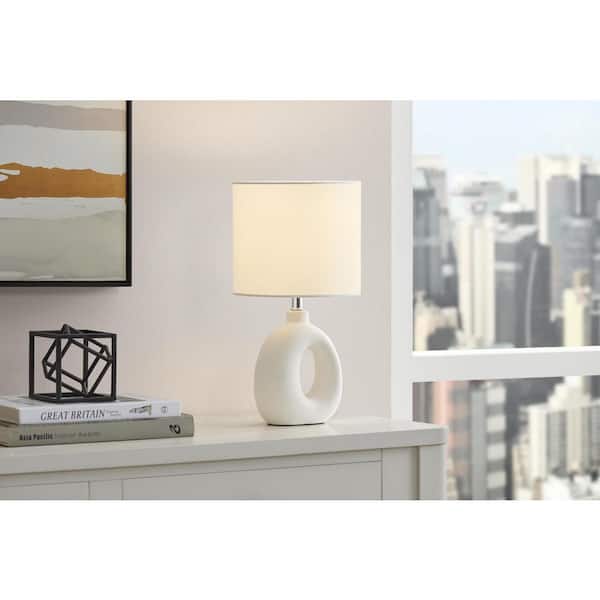 Hampton Bay 15.125 in. Textured Ivory Ceramic Table Lamp with White Fabric Shade