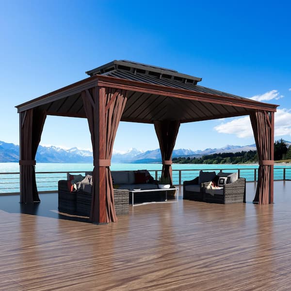 VEIKOUS 16 ft. x 12 ft. Wood Grain Aluminum Double Hardtop Gazebo with Grey Curtains and Netting