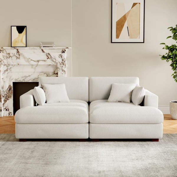84 in. Modern Square Arm Corduroy Upholstered Sectional Sofa in Beige with 2-Square Pillows