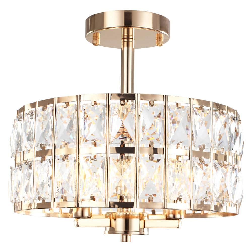 LWYTJO 12.59 in. Koyal 3-Light Round Gold Drum Chandelier Semi Flush Mount  Ceiling Light with Clear Crystal Glass Drum Shade ZJX00038-3-FG-UL - The