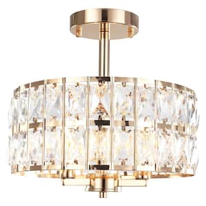 12.59 in. Koyal 3-Light Round Gold Drum Chandelier Semi Flush Mount Ceiling Light with Clear Crystal Glass Drum Shade