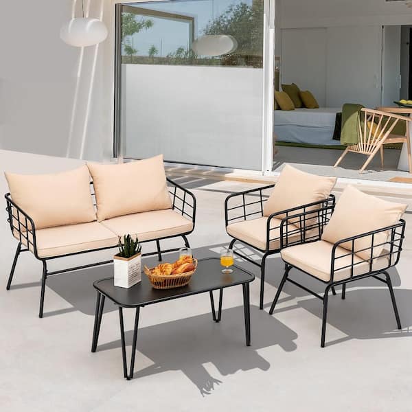 4-Pieces Metal Outdoor Loveseat Sectional Set Armrest Sofa Table Garden with Beige Cushions