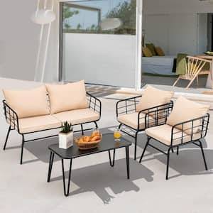 4-Pieces Metal Outdoor Loveseat Sectional Set Armrest Sofa Table Garden with Beige Cushions