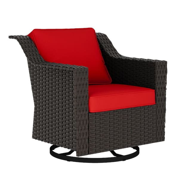 Brown Wicker Frame Outdoor Rocking Chair Patio Swivel Chair Lounge Chair with Red Cushions