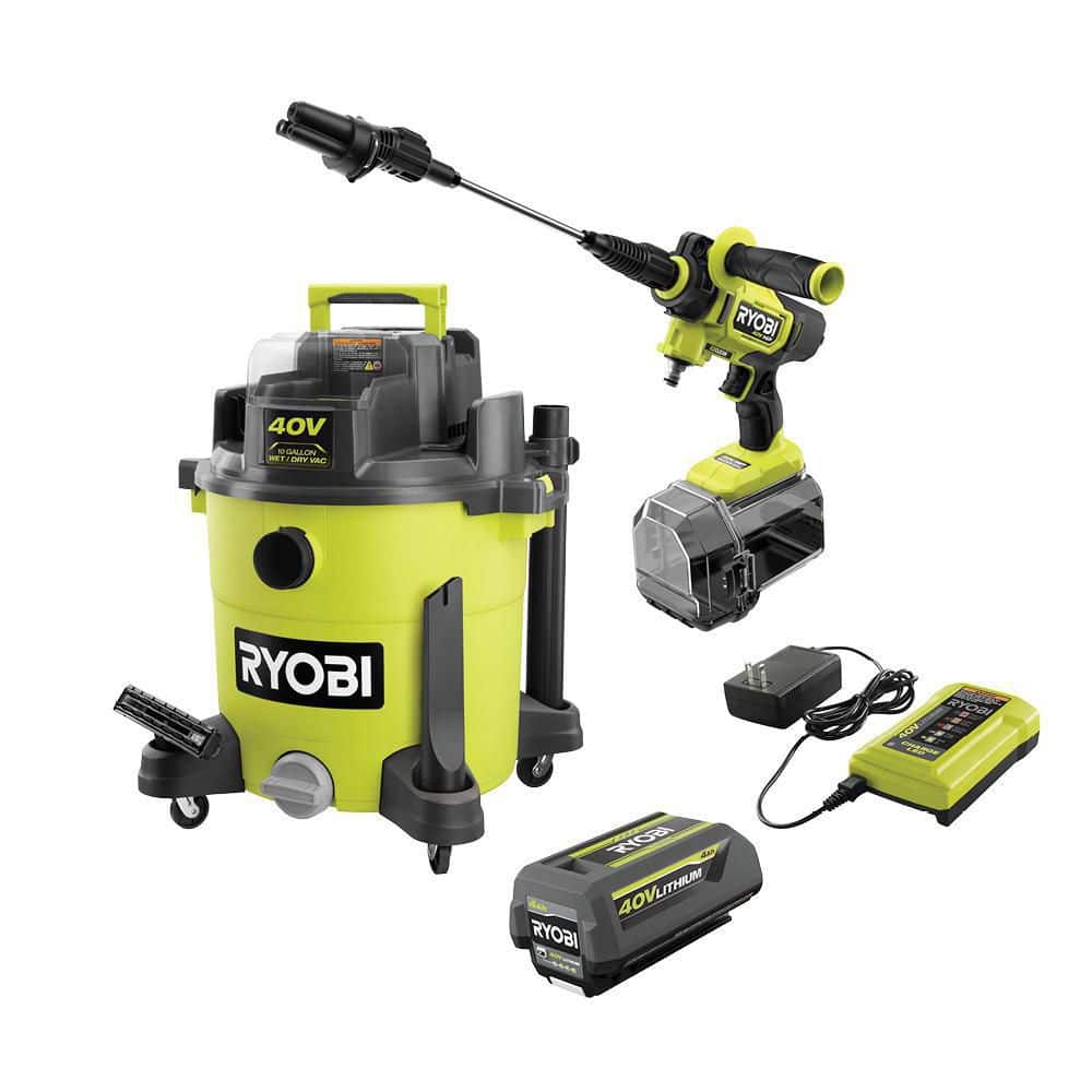 RYOBI 40V 10 Gal. Cordless Wet/Dry Vacuum with 40V HP Brushless EZClean 600 PSI Power Cleaner, 4.0 Ah Battery, and Charger, Greens