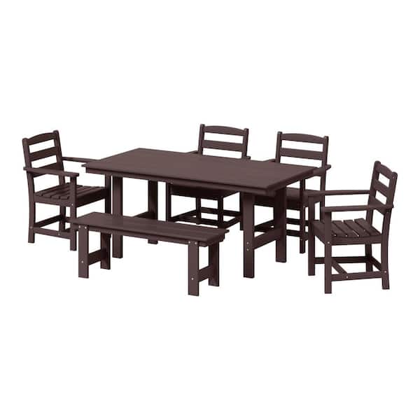 Shoreside 6-Piece All Weather HDPE Plastic Outdoor Patio Dining Set w/ Armchairs and Bench, Dark Brown