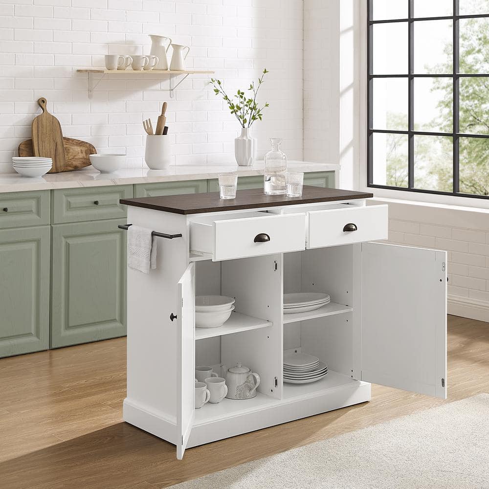 Coastal Charm White and Dark Brown 46" Kitchen Island with Storage
