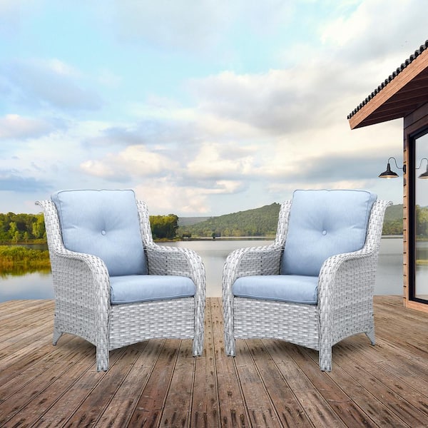 Opohoro ArcoBay Metal and Light Beige Wicker Outdoor Lounge Chair with Olefin Baby Blue Cushions (2-Pack)