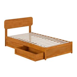 Capri Light Toffee Natural Bronze Solid Wood Frame Twin Platform Bed with Panel Footboard and Storage Drawers