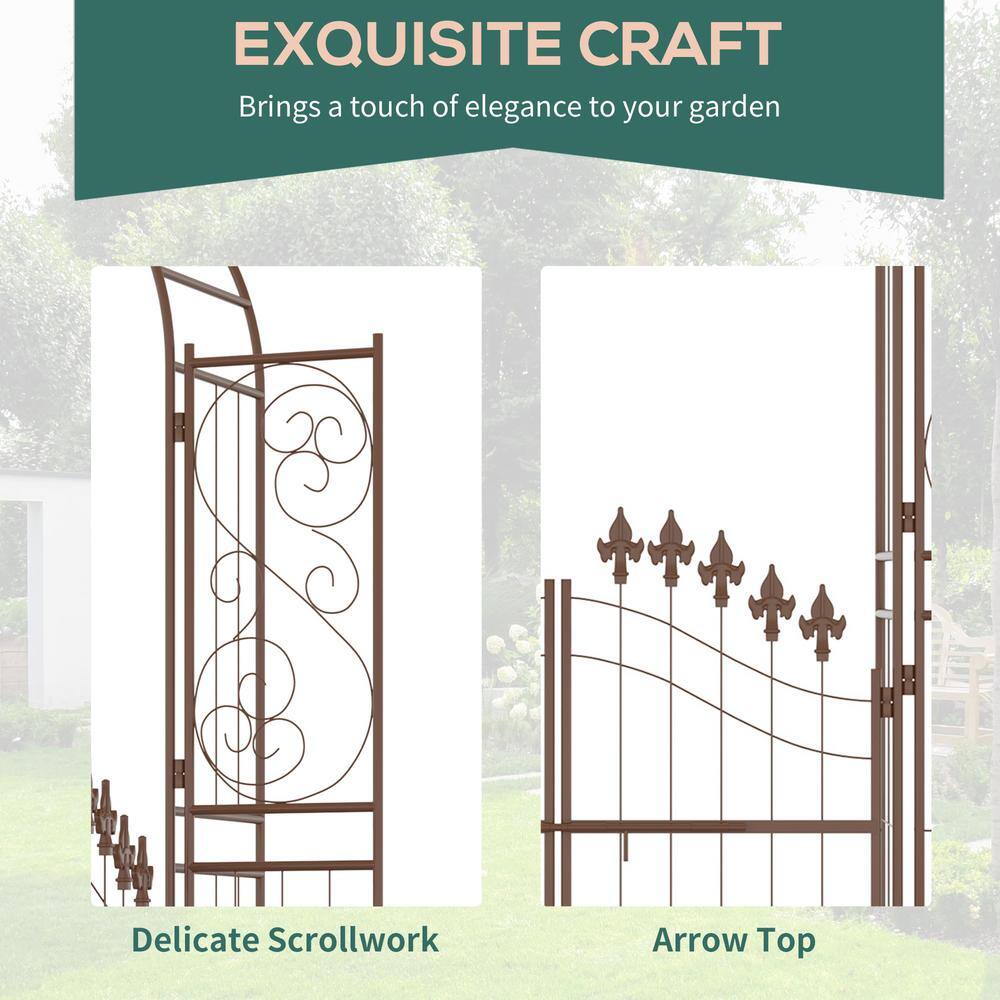 Brown Metal Garden Arbor with Fleur De Lis Motif and Gate