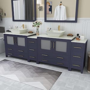 Ravenna 96 in. W Double Basin Bathroom Vanity in Blue with White Engineered Marble Top and Mirrors