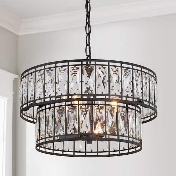 Cristallo Modern 4-Light Black Candlestick Chandelier with Glam 2-Tier Crystal Drum Shade Island Pendant for Living Room