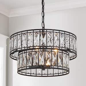 Cristallo Modern Dining Room Island Candlestick Chandelier 4-Light Black Drum Pendant with 2-Tier Clear Crystal Shade