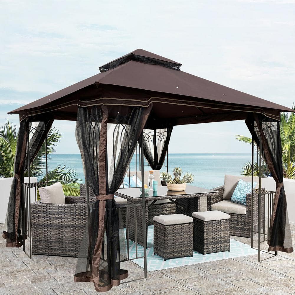 10 ft. x 10 ft. Outdoor Brown Steel Gazebo Ventilated Double Roof Canopy Te