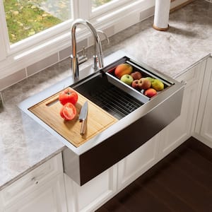 33 in. Rectangular Single Bowl Farmhouse Apron Workstation Kitchen Sink in Silver Grey Stainless Steel with Accessories