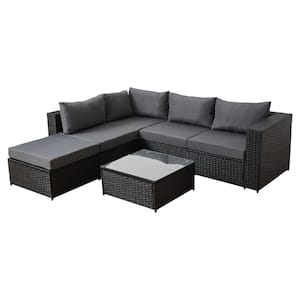 Black 4-Piece Wicker Patio Furniture Sets All Weather Outdoor Sectional Sofa Set with Light Grey Cushions and Table