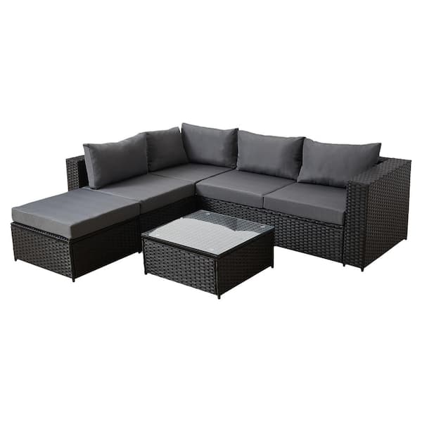 GOOEEN Black 4-Piece Wicker Patio Furniture Sets All Weather Outdoor Sectional Sofa Set with Light Grey Cushions and Table