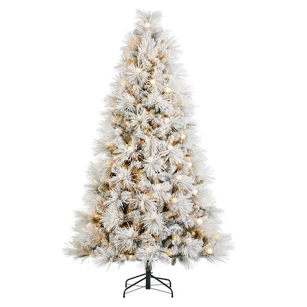 Glitzhome 7.5 ft. Pre-Lit Flocked Full Pine Artificial Christmas Tree with 650 G40 Warm White Globe LED Lights