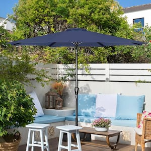 9 ft. Aluminum Market Crank and Tilt Patio Umbrella in Blue with Mobile Base