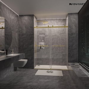 60 in. W x 72 in. H Sliding Frameless Shower Door in Brushed Gold with 3/8 in. Clear Glass