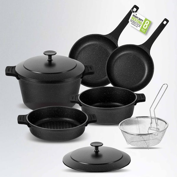 8-Piece Cast Aluminum Heavy Duty Nesting Nonstick Cookware Set with Silicone Handle Covers
