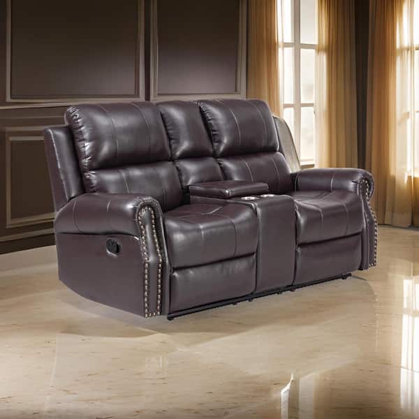 Benjara 74.4 in. Rolled Arm Fabric Rectangle Console Manual Recliner Sofa in Brown