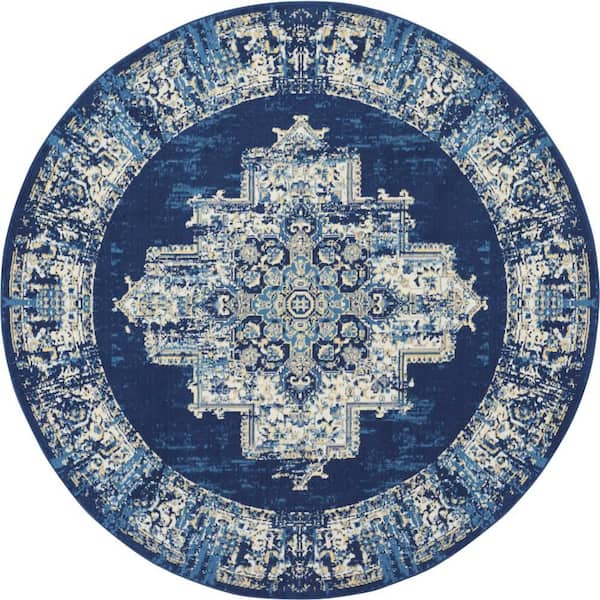 Grafix Navy Blue 8 ft. x 8 ft. Persian Medallion Transitional Round Rug