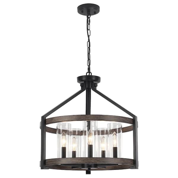 5 Light 20.31" Dimmable Black/Brown Lantern Geometric Candle Style Chandelier for Kitchen Island with no Bulbs Included