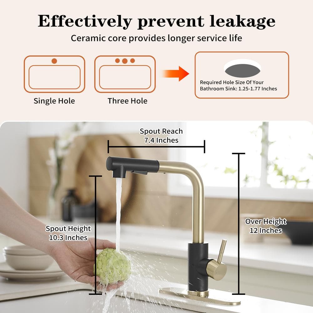 Matte Black and Brushed Gold Stainless Steel Pull-Out Kitchen Faucet