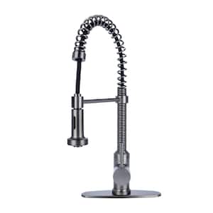 Residential Spring Coil Pull Down Kitchen Faucet Flat Spray Head and Deck Plate in Pewter