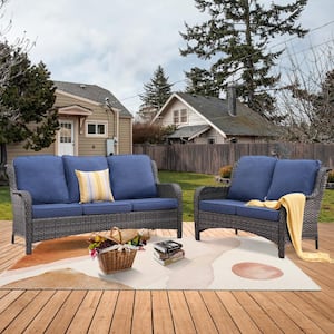 Vincent Gray 2-Piece Wicker Outdoor Patio Conversation Seating Sofa Set with Gray Cushions