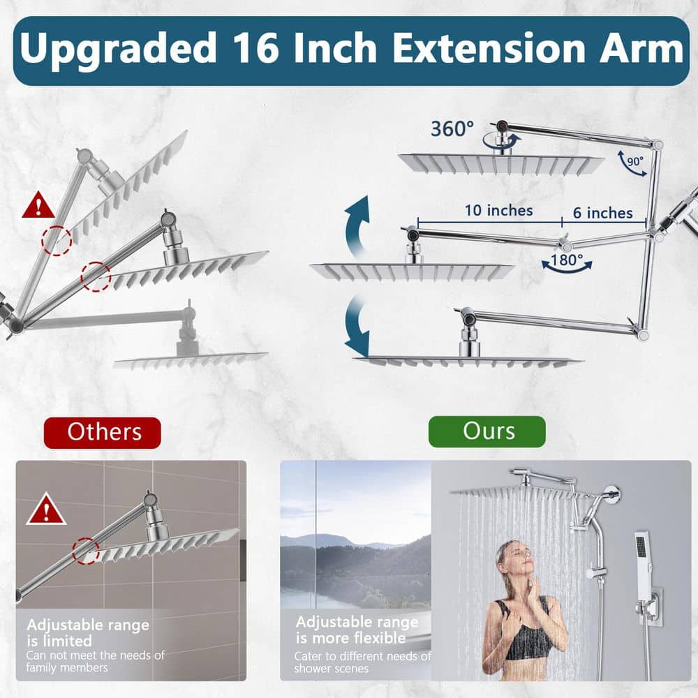 Large Chrome Dual Rainfall Wall Mount Shower Head with Handheld