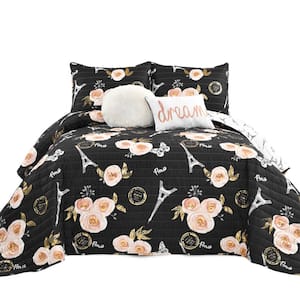 Vintage Paris Rose Butterfly Script Black Quilt King Set (5-Piece)