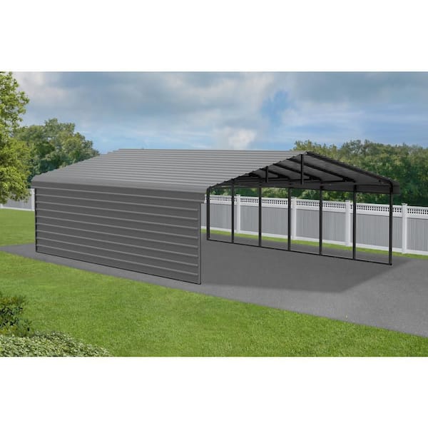 20 ft. W x 29 ft. D x 9 ft. H Charcoal Galvanized Steel Carport with 1-Side Wall Kit