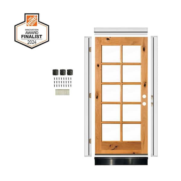DIY 36 in. x 80 in. Knotty Alder Left-Hand 10-Lite Clear Glass Clear Stain Wood Front Door Kit w/ Quick Assemble Jamb