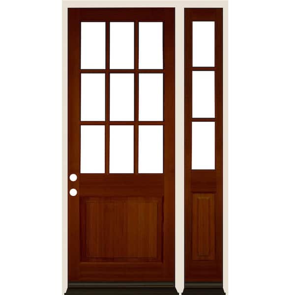 Krosswood Doors 50 in. x 96 in. Farmhouse 9-Lite Clear Glass Right-Hand Red Chestnut Stain Hemlock Wood Prehung Front Door w/ RSL