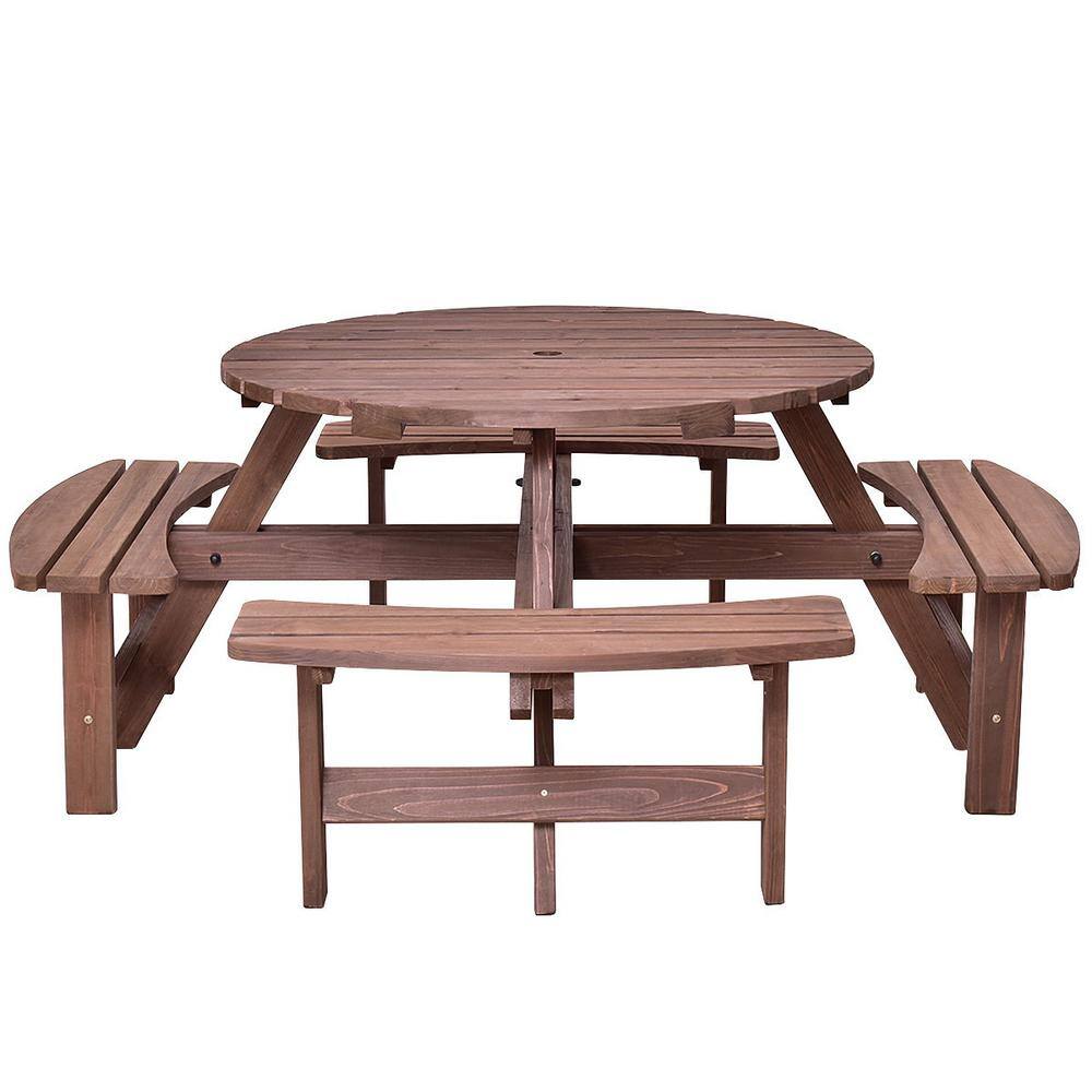 Brown Fir Wood Round Picnic Table Set with Umbrella Hole