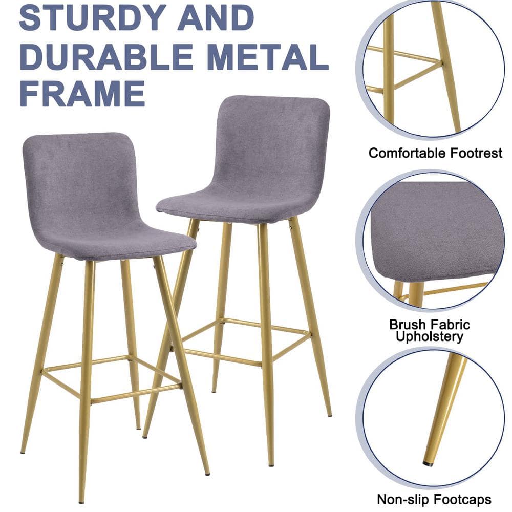 Features of the metal frame bar stool: durable frame, footrest, and upholstery.