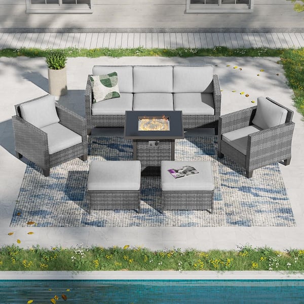 Sonkuki 6-Pieces Patio Conversation Set with Square Fire Pit Table and Ottomans, PE Gray Wicker Sofa with Linen Gray Cushion