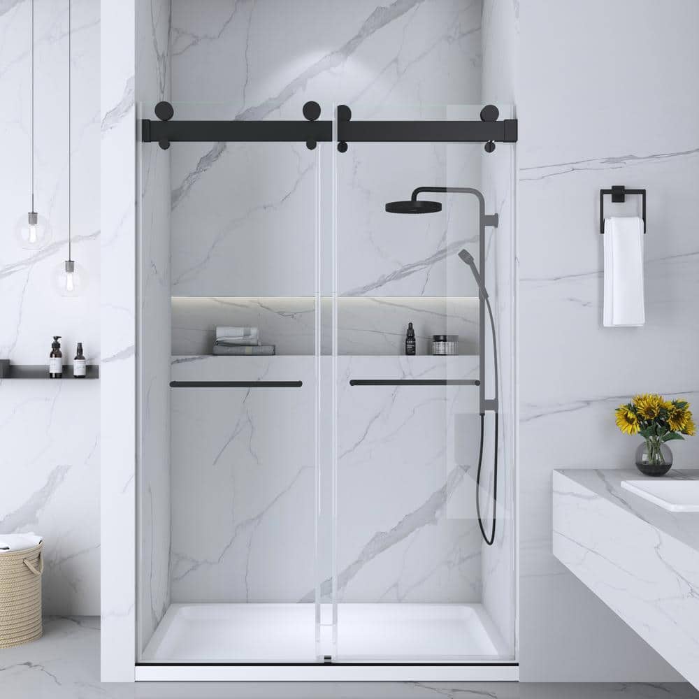 Matte Black Frameless Double Sliding Shower Door with Handles