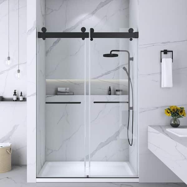 Hpeytaire 60 in. W x 78 in. H Double Sliding Frameless Glass Shower Door with Soft-Closing System in Matt Black with 5/16 in.