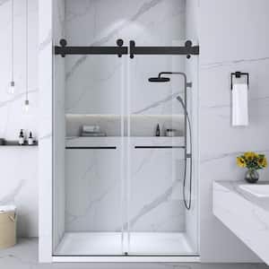 60 in. W x 79 in. H Double Sliding Frameless Glass Shower Door with Soft-Closing System in Matt Black with 5/16 in.