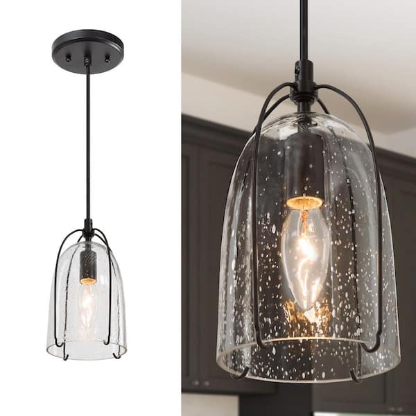 Uolfin Modern Black Kitchen Island Hanging Light, 1-Light Industrial Cage Dining Room Pendant Light with Seeded Glass Shade
